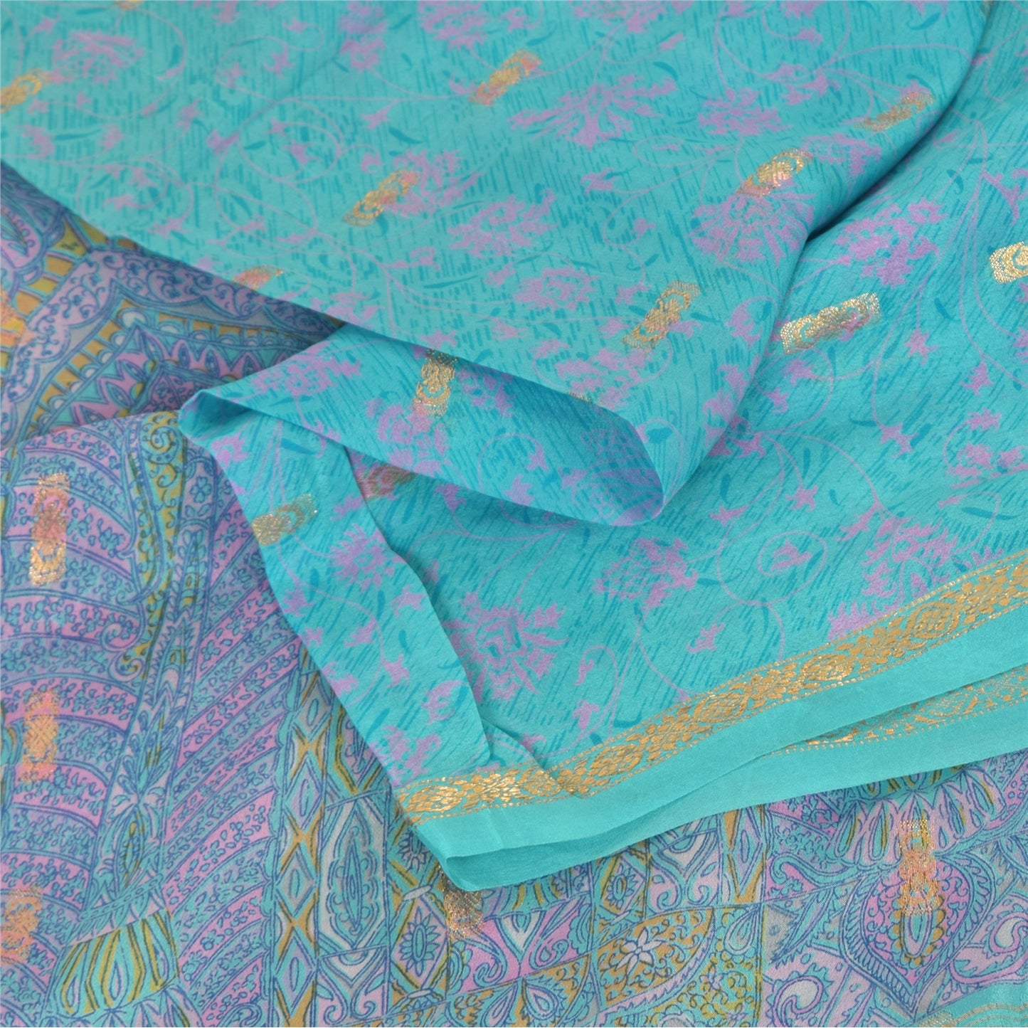 Sanskriti Vintage Sarees Blue Woven Printed Pure Silk Sari 5yd Craft Fabric