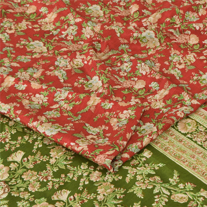 Sanskriti Vintage Sarees Red/Green Pure Silk Printed Sari 5yd Soft Craft Fabric