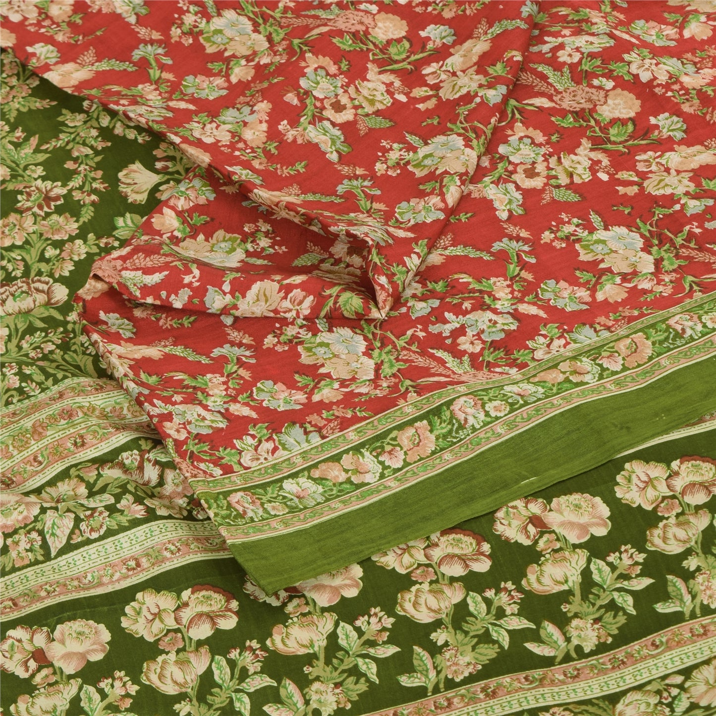 Sanskriti Vintage Sarees Red/Green Pure Silk Printed Sari 5yd Soft Craft Fabric