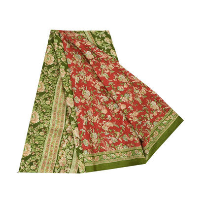 Sanskriti Vintage Sarees Red/Green Pure Silk Printed Sari 5yd Soft Craft Fabric