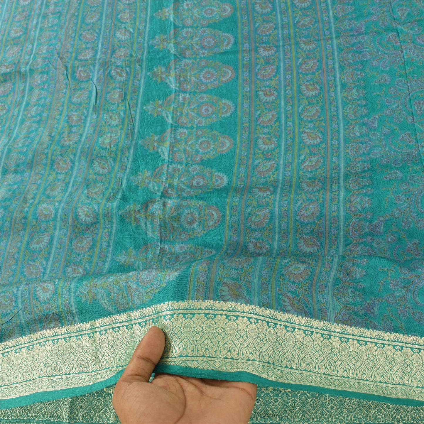 Sanskriti Vintage Sarees Indian Blue Pure Silk Printed Sari 5yd Craft Fabric