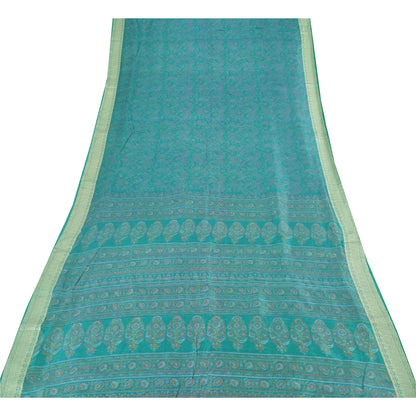 Sanskriti Vintage Sarees Indian Blue Pure Silk Printed Sari 5yd Craft Fabric