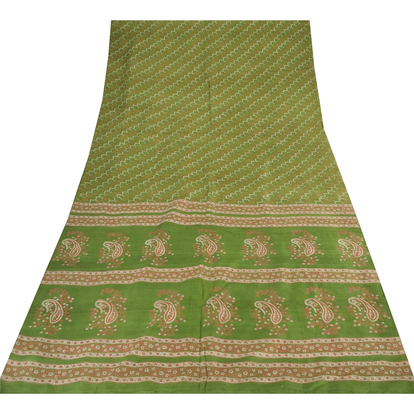 Sanskriti Vintage Sarees Green Indian Pure Silk Printed Sari 6yd Craft Fabric