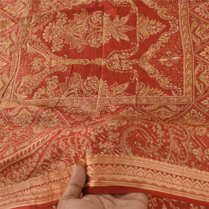 Sanskriti Vintage Sarees Indian Red 100% Pure Silk Printed Sari 5yd Craft Fabric