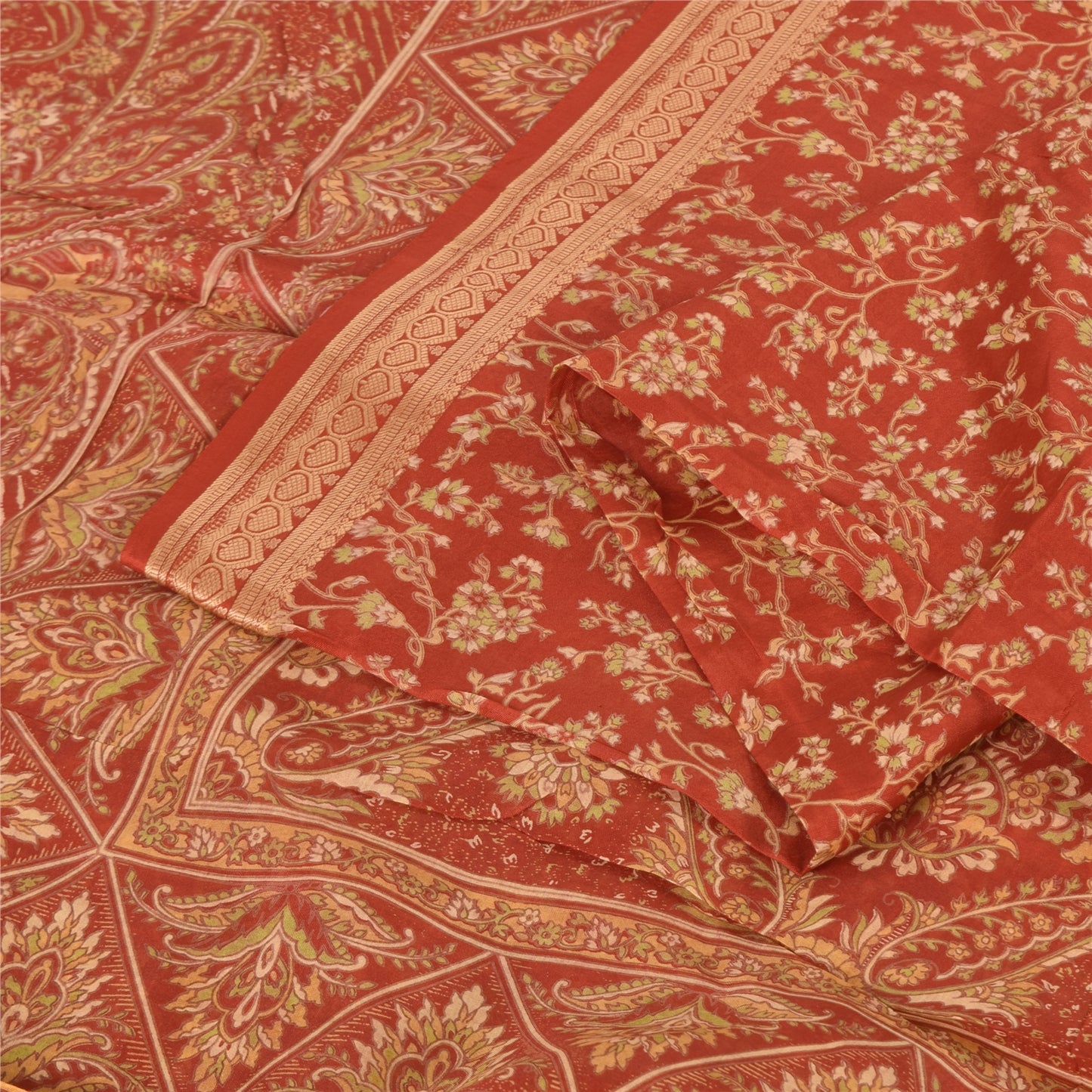 Sanskriti Vintage Sarees Indian Red 100% Pure Silk Printed Sari 5yd Craft Fabric