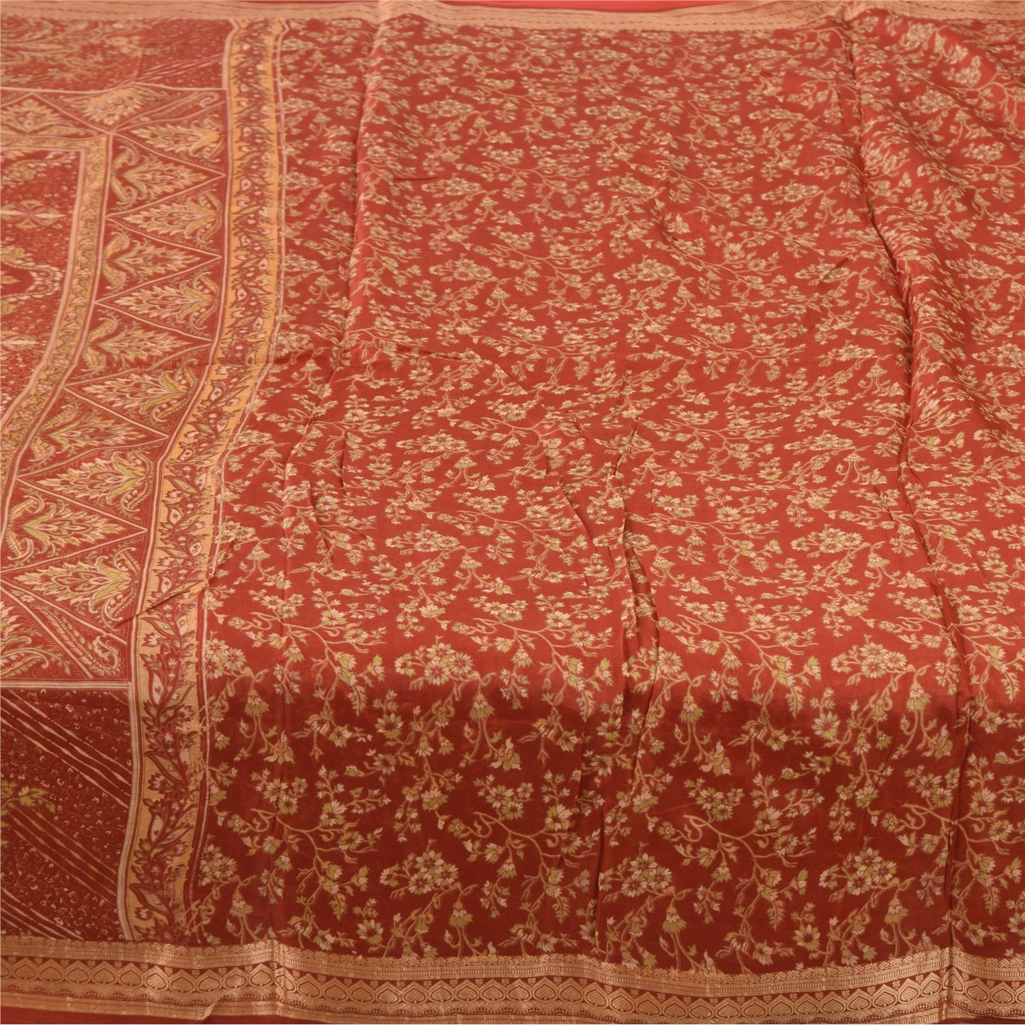 Sanskriti Vintage Sarees Indian Red 100% Pure Silk Printed Sari 5yd Craft Fabric