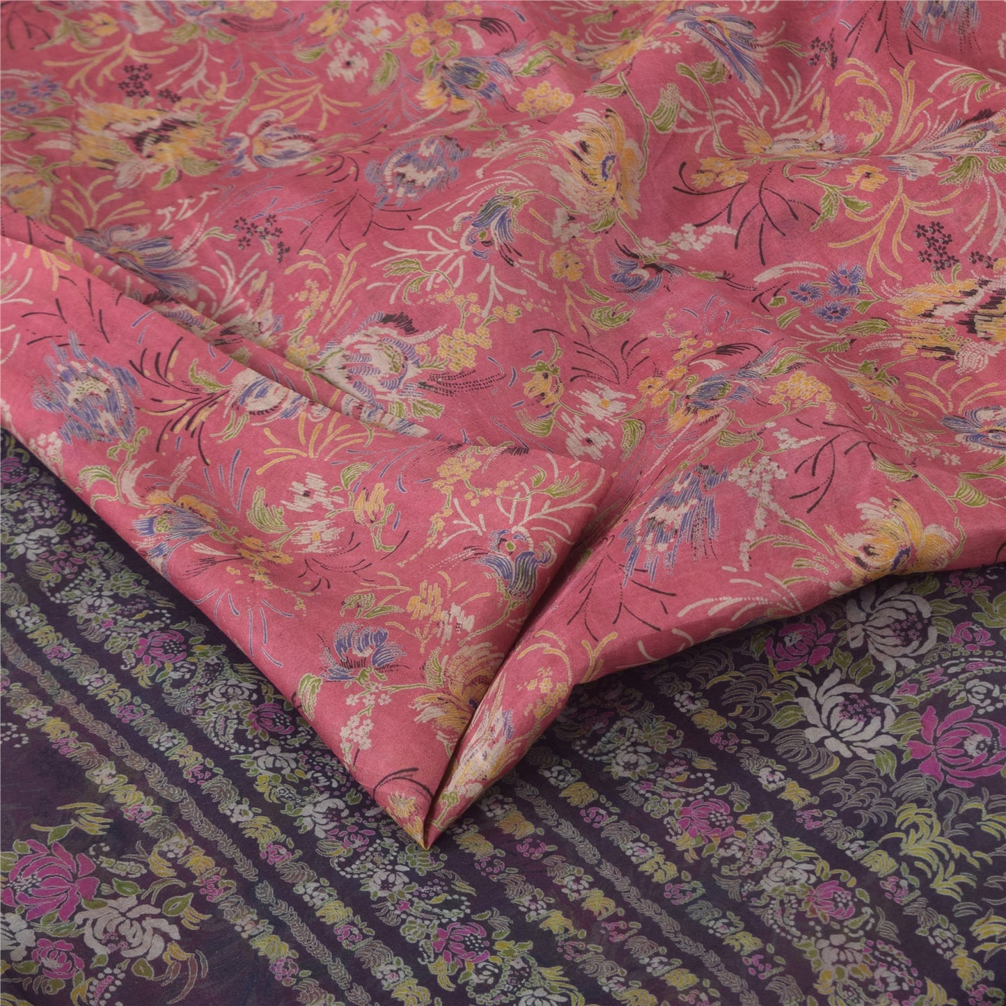 Sanskriti Vintage Sarees Pink Pure Silk Printed Sari 5yd Craft Fabric