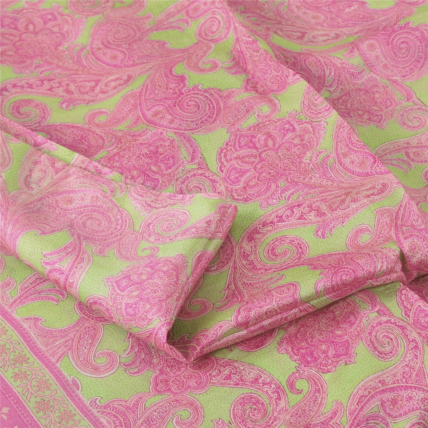 Sanskriti Vintage Sarees Pink/Green 100% Pure Silk Printed Sari 5yd Craft Fabric