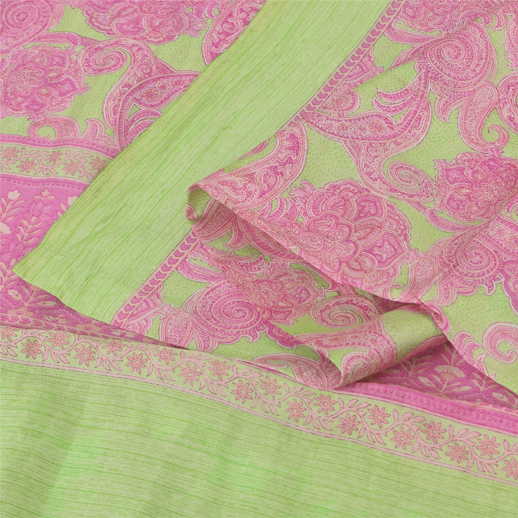 Sanskriti Vintage Sarees Pink/Green 100% Pure Silk Printed Sari 5yd Craft Fabric