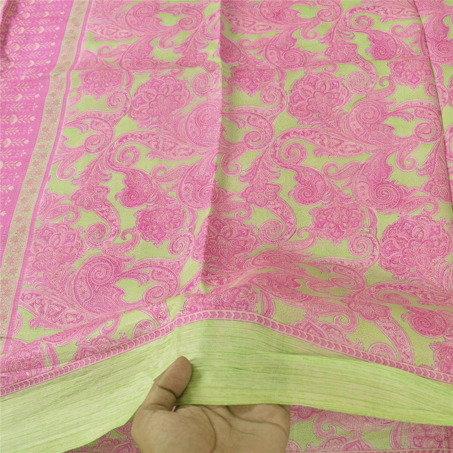 Sanskriti Vintage Sarees Pink/Green 100% Pure Silk Printed Sari 5yd Craft Fabric