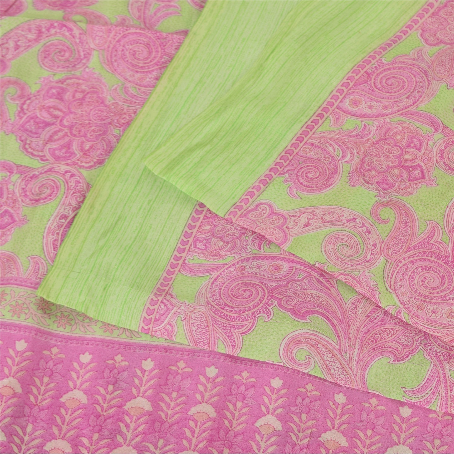 Sanskriti Vintage Sarees Pink/Green 100% Pure Silk Printed Sari 5yd Craft Fabric