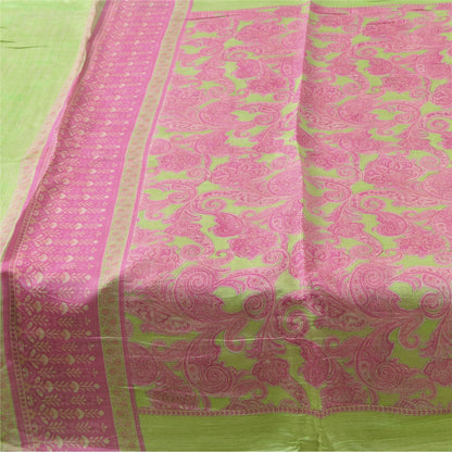 Sanskriti Vintage Sarees Pink/Green 100% Pure Silk Printed Sari 5yd Craft Fabric