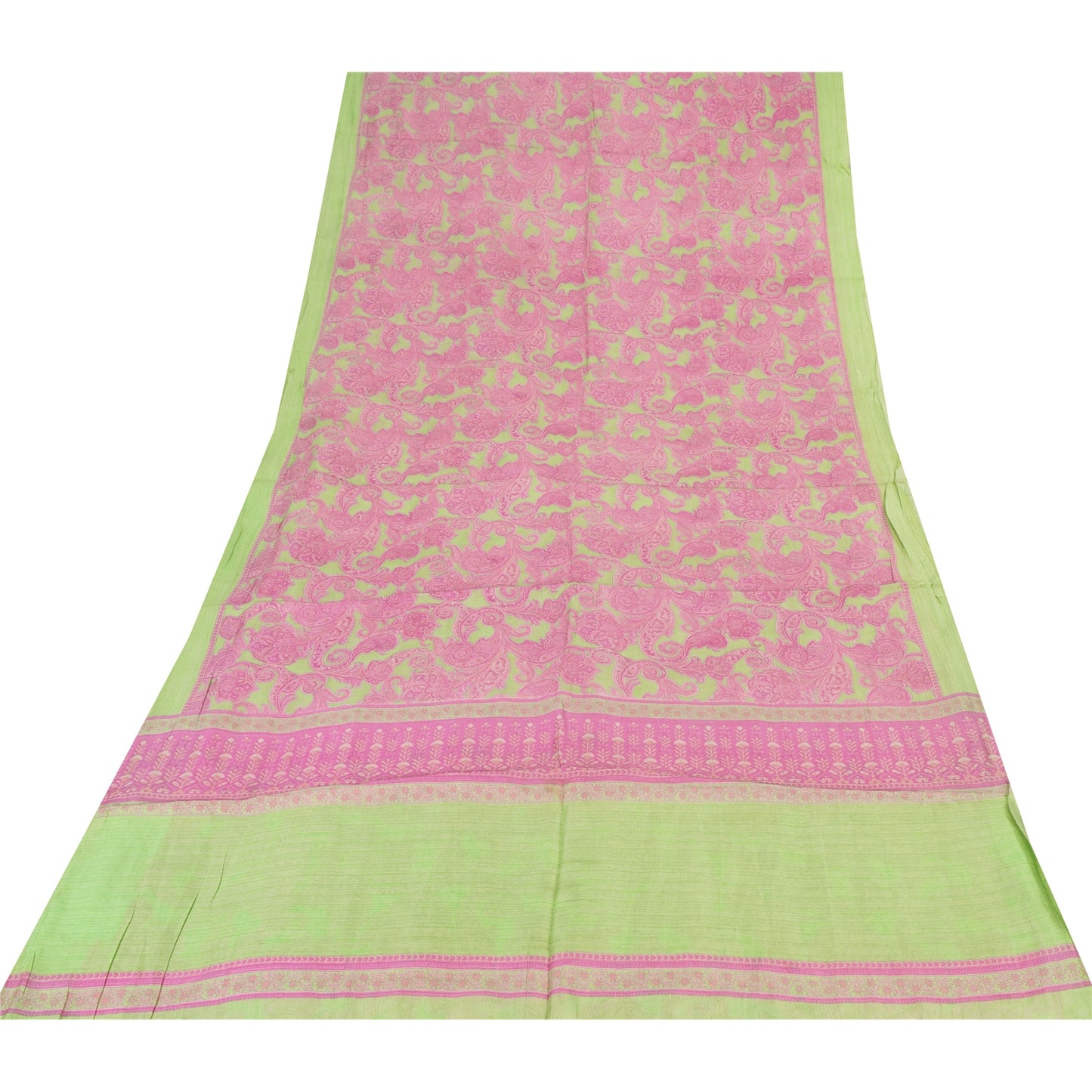 Sanskriti Vintage Sarees Pink/Green 100% Pure Silk Printed Sari 5yd Craft Fabric