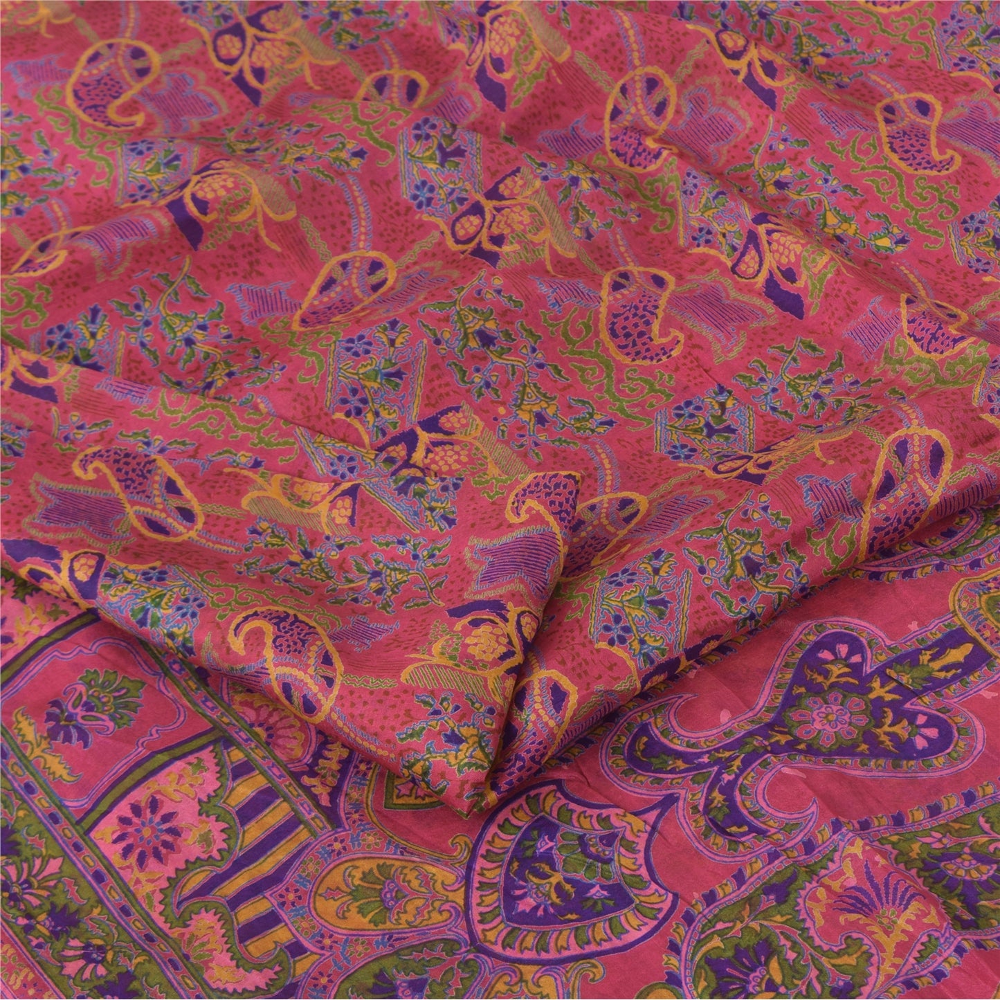 Sanskriti Vintage Sarees Pink Zari Border Pure Silk Print Sari 6yd Craft Fabric