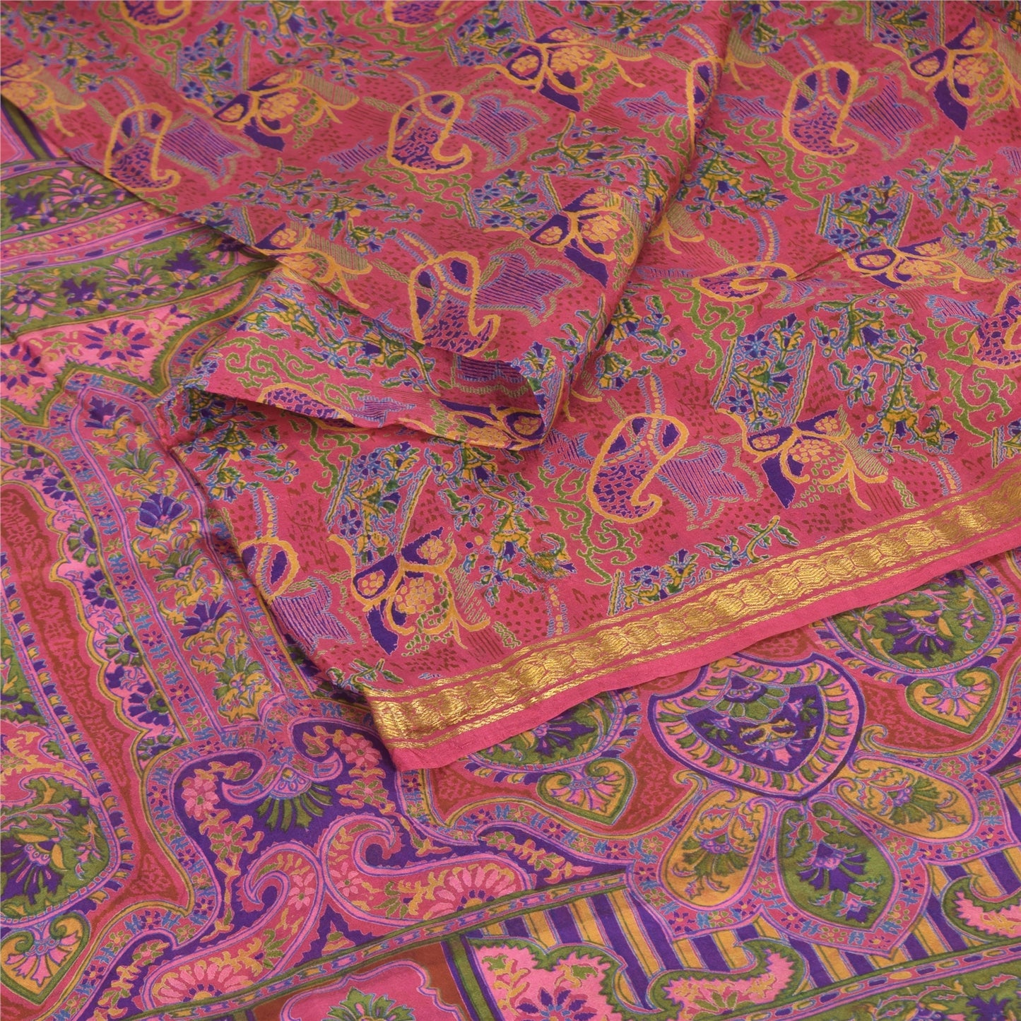 Sanskriti Vintage Sarees Pink Zari Border Pure Silk Print Sari 6yd Craft Fabric