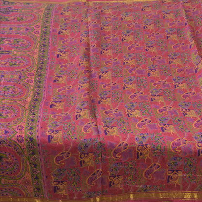 Sanskriti Vintage Sarees Pink Zari Border Pure Silk Print Sari 6yd Craft Fabric