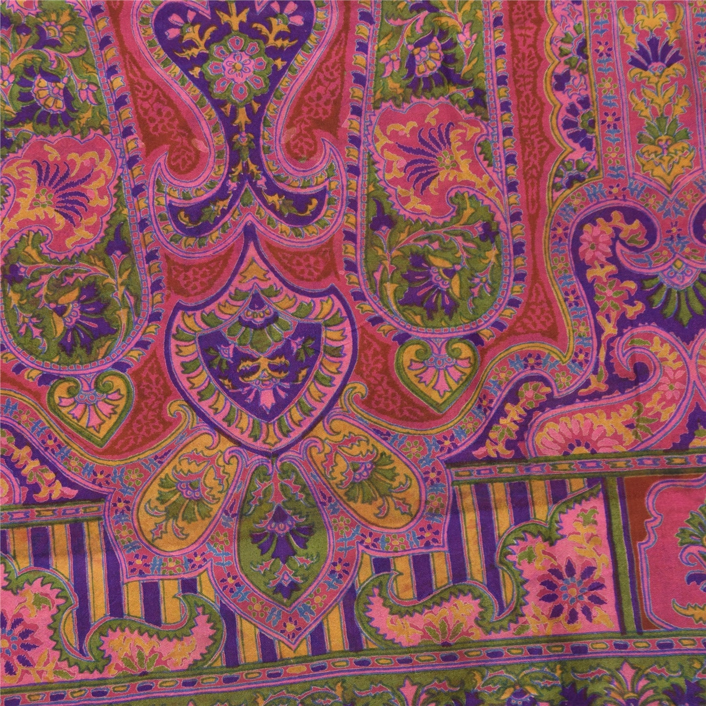 Sanskriti Vintage Sarees Pink Zari Border Pure Silk Print Sari 6yd Craft Fabric