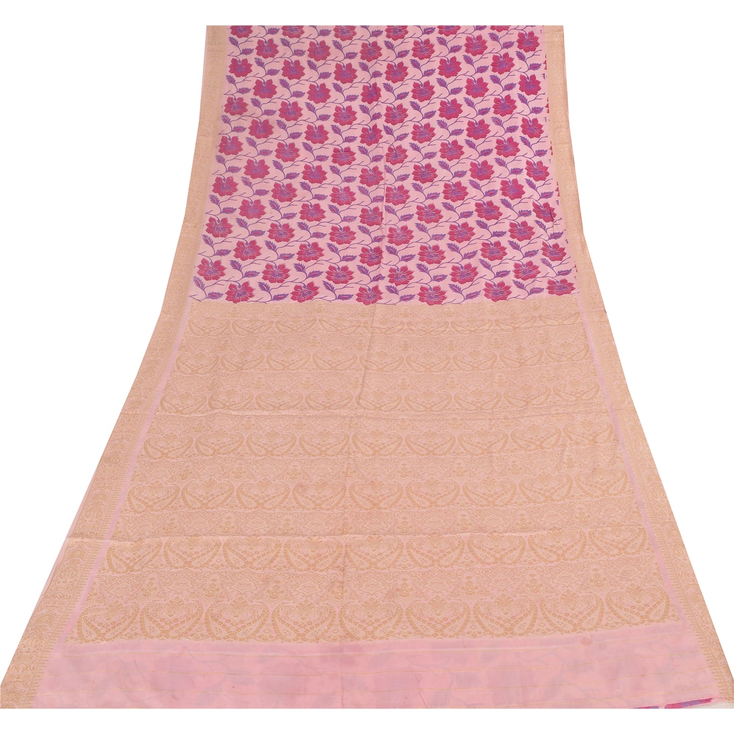 Sanskriti Vintage Sarees From India Pink Pure Silk Printed Sari 5yd Craft Fabric