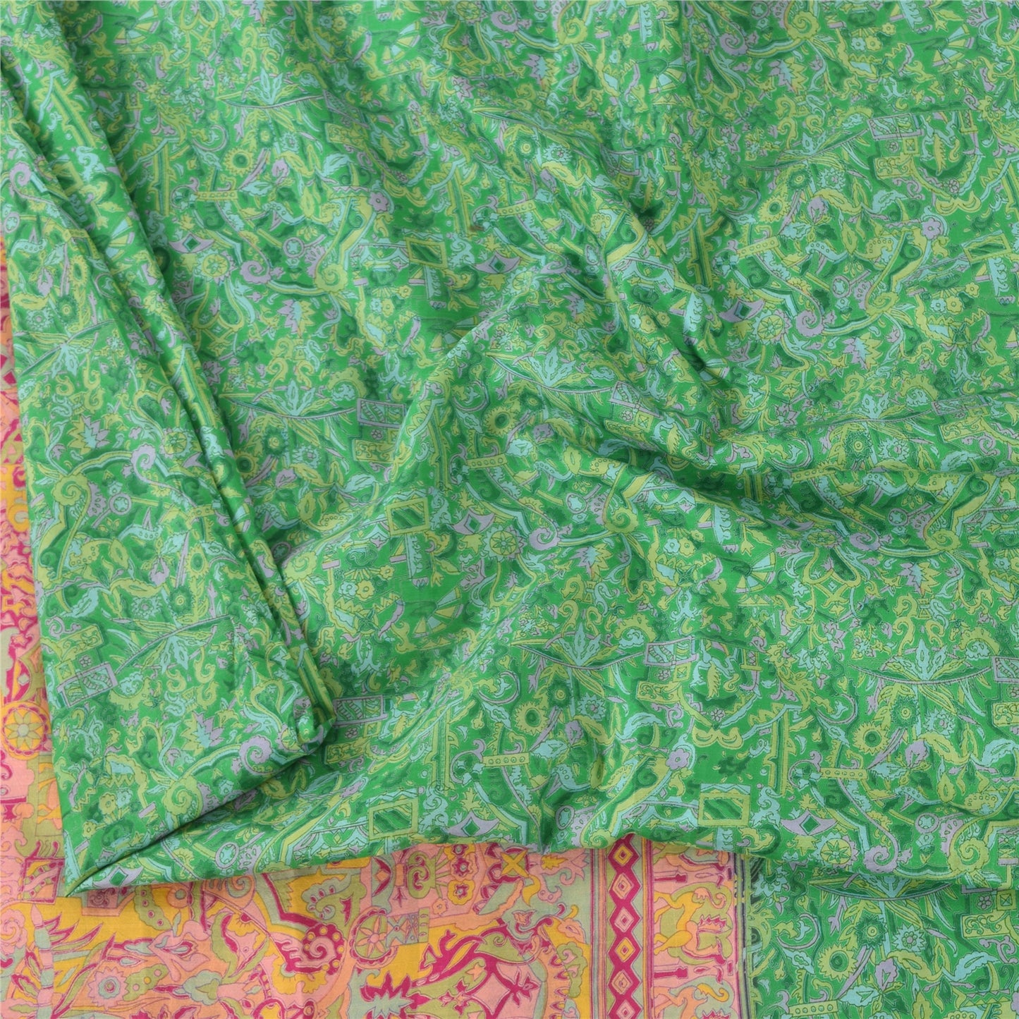 Sanskriti Vintage Sarees Green Indian Pure Silk Printed Sari 6yd Craft Fabric