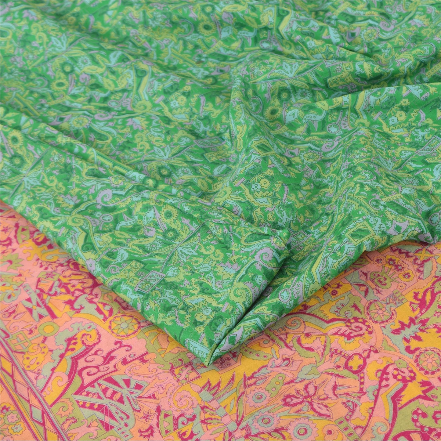 Sanskriti Vintage Sarees Green Indian Pure Silk Printed Sari 6yd Craft Fabric