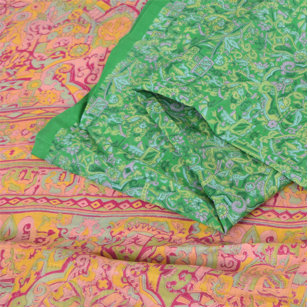 Sanskriti Vintage Sarees Green Indian Pure Silk Printed Sari 6yd Craft Fabric