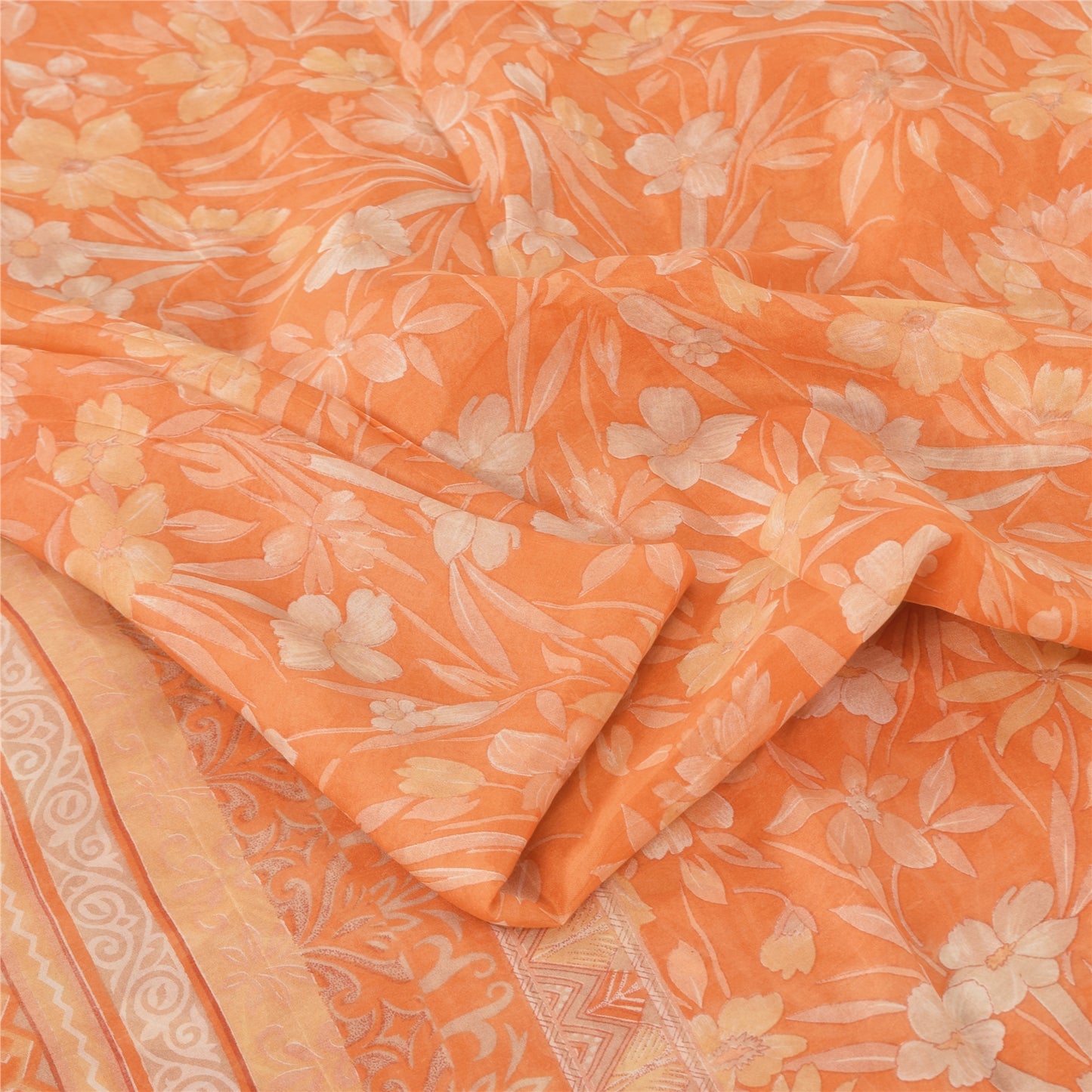 Sanskriti Vintage Sarees Orange Indian Pure Silk Printed Sari 5yd Craft Fabric