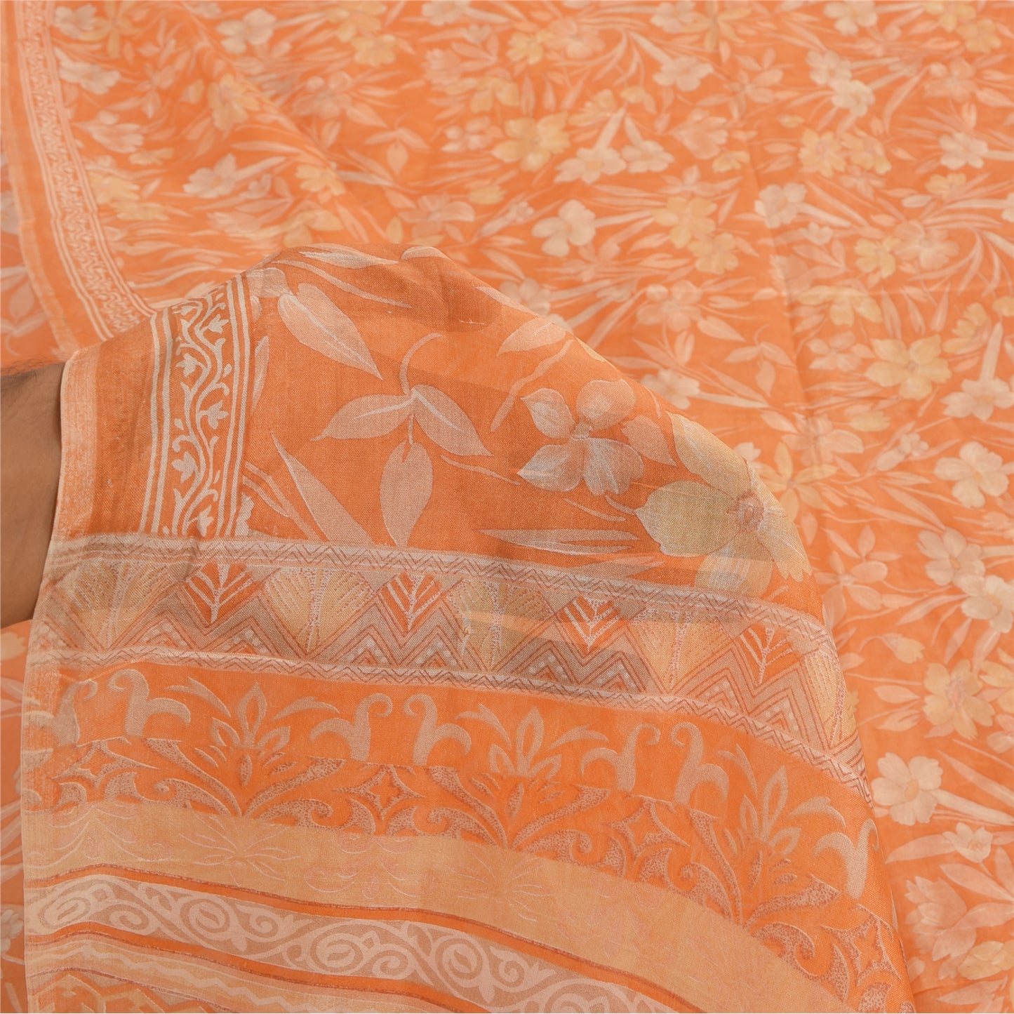 Sanskriti Vintage Sarees Orange Indian Pure Silk Printed Sari 5yd Craft Fabric