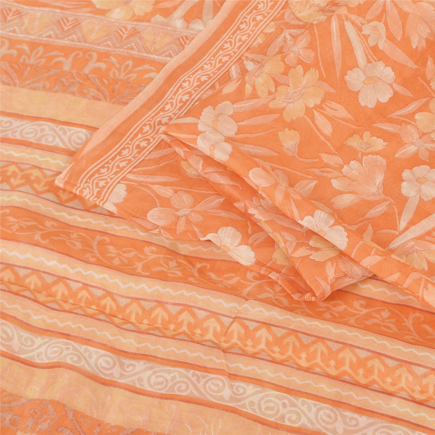 Sanskriti Vintage Sarees Orange Indian Pure Silk Printed Sari 5yd Craft Fabric