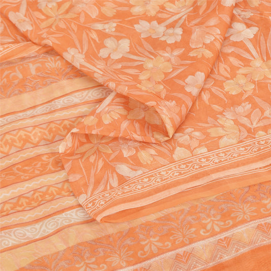 Sanskriti Vintage Sarees Orange Indian Pure Silk Printed Sari 5yd Craft Fabric