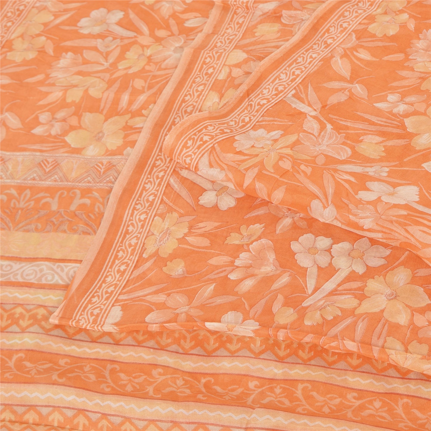 Sanskriti Vintage Sarees Orange Indian Pure Silk Printed Sari 5yd Craft Fabric