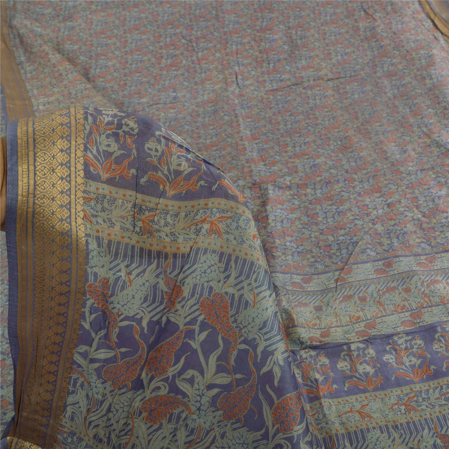 Sanskriti Vintage Sarees Blue Indian Pure Silk Printed Sari 5yd Craft Fabric