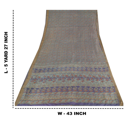 Sanskriti Vintage Sarees Blue Indian Pure Silk Printed Sari 5yd Craft Fabric