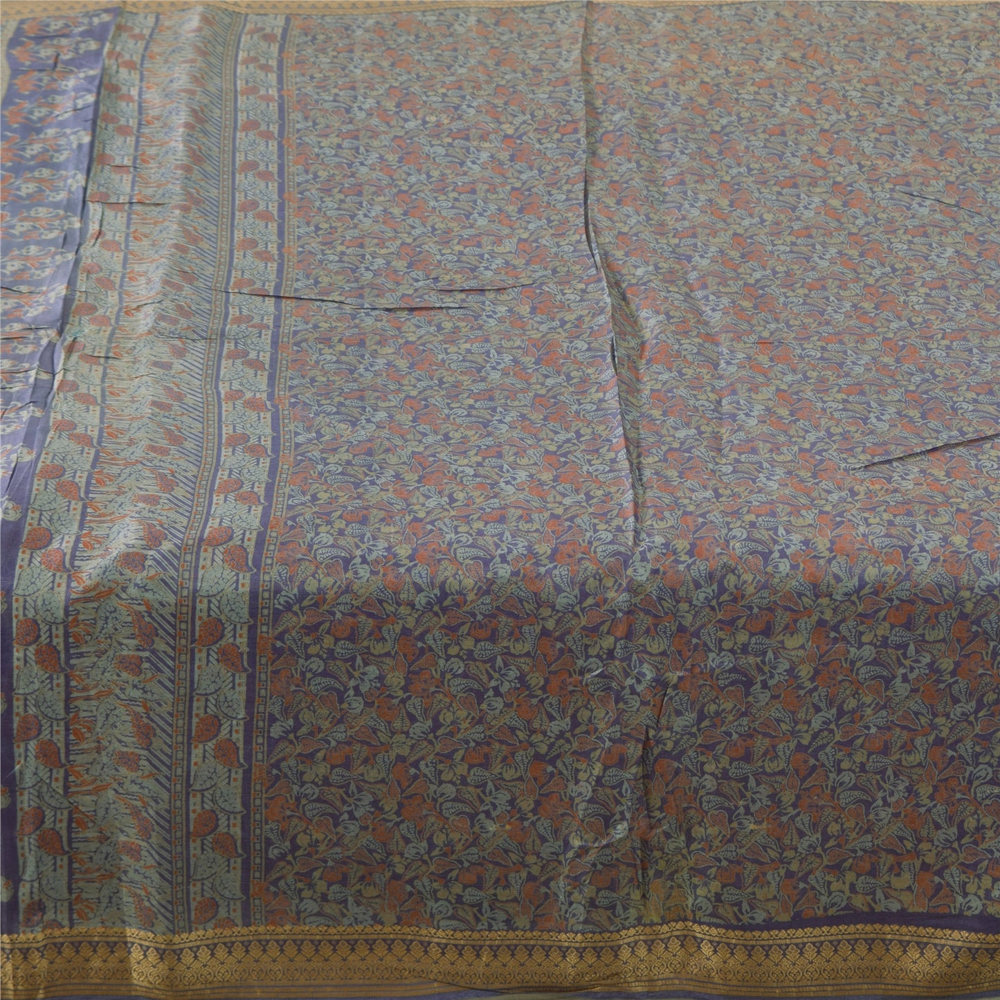 Sanskriti Vintage Sarees Blue Indian Pure Silk Printed Sari 5yd Craft Fabric