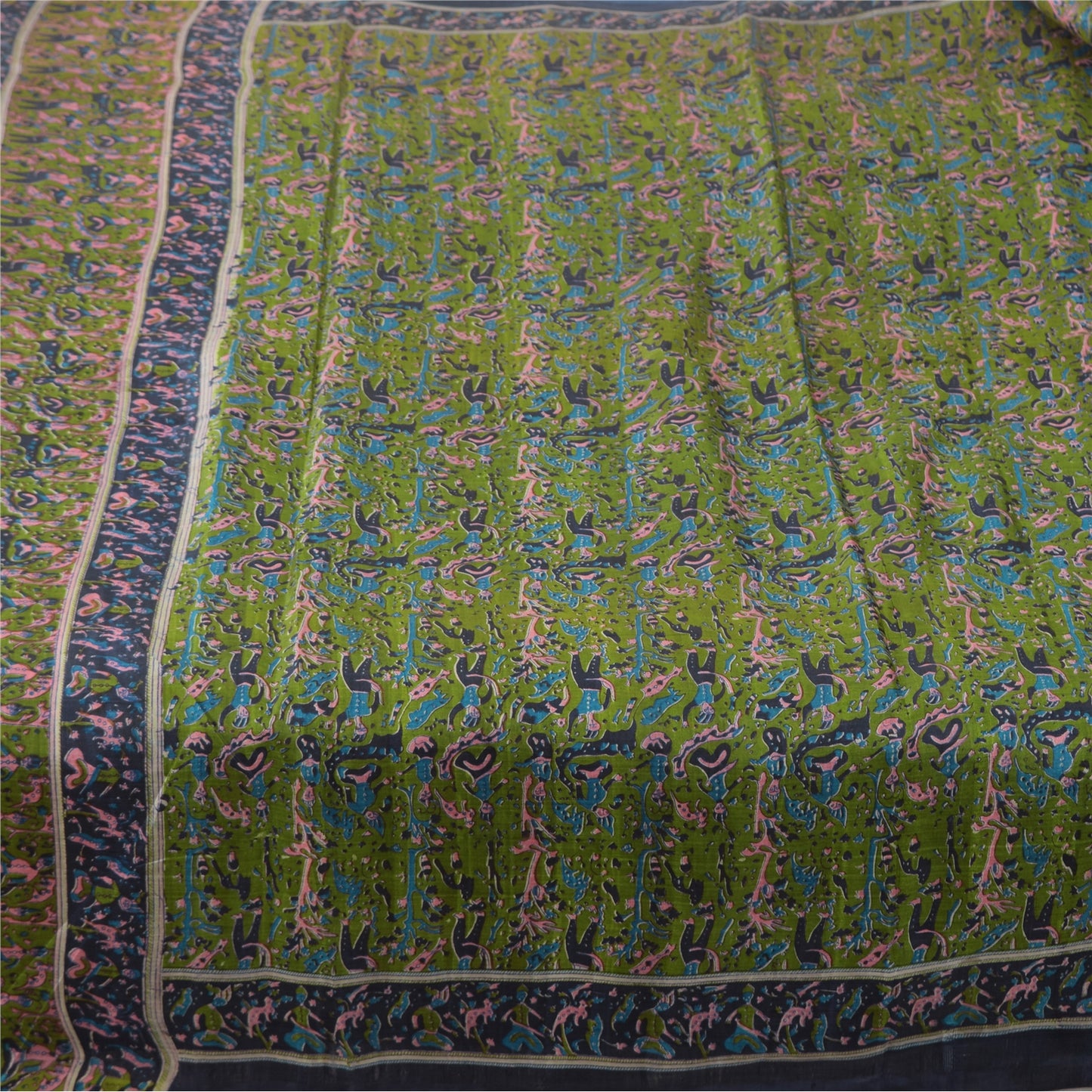 Sanskriti Vintage Sarees Green/Blue 100% Pure Silk Printed Sari 5yd Craft Fabric