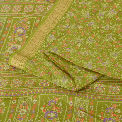 Sanskriti Vintage Sarees Green Pure Silk Floral Printed Sari 5yd Craft Fabric