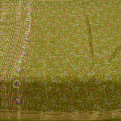 Sanskriti Vintage Sarees Green Pure Silk Floral Printed Sari 5yd Craft Fabric