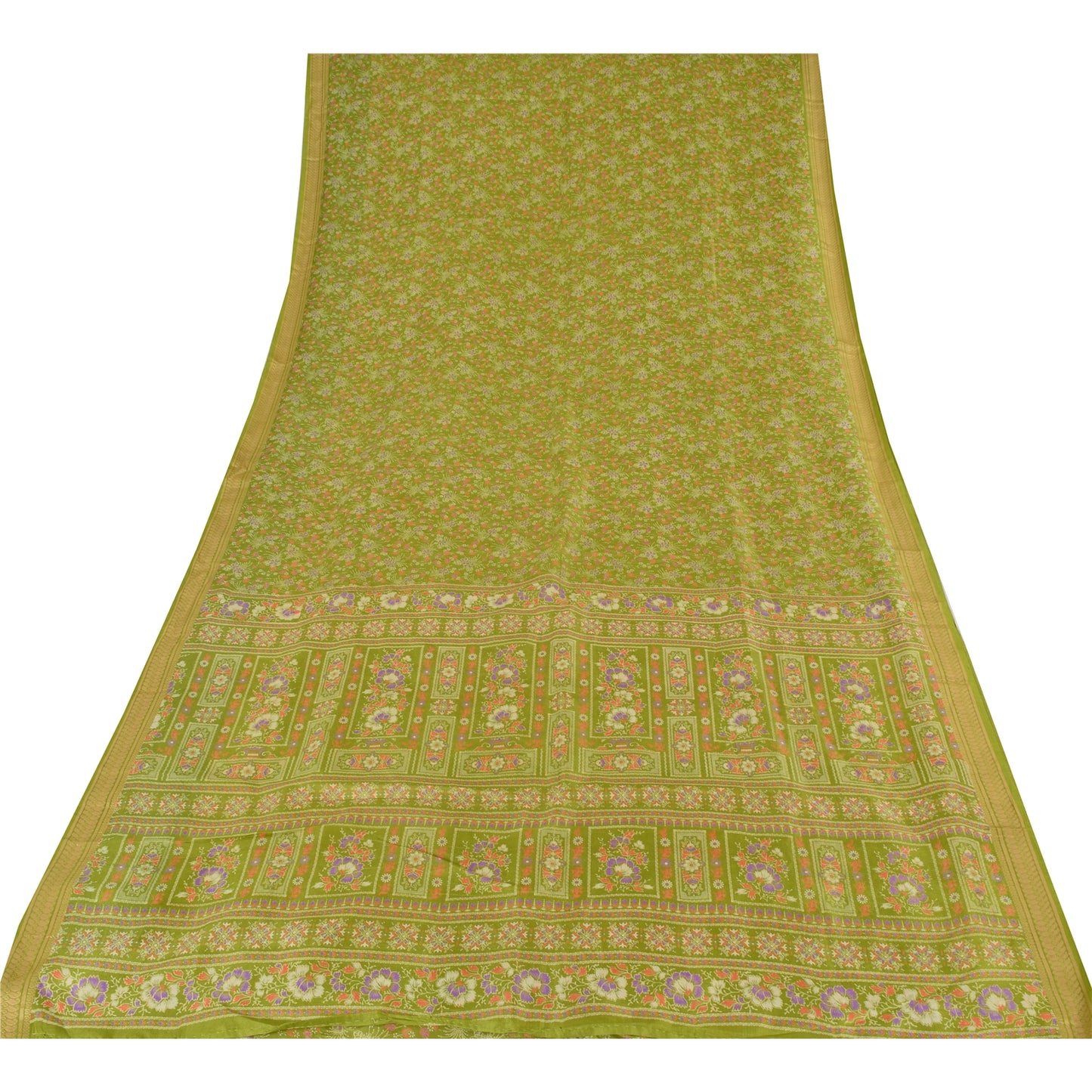 Sanskriti Vintage Sarees Green Pure Silk Floral Printed Sari 5yd Craft Fabric