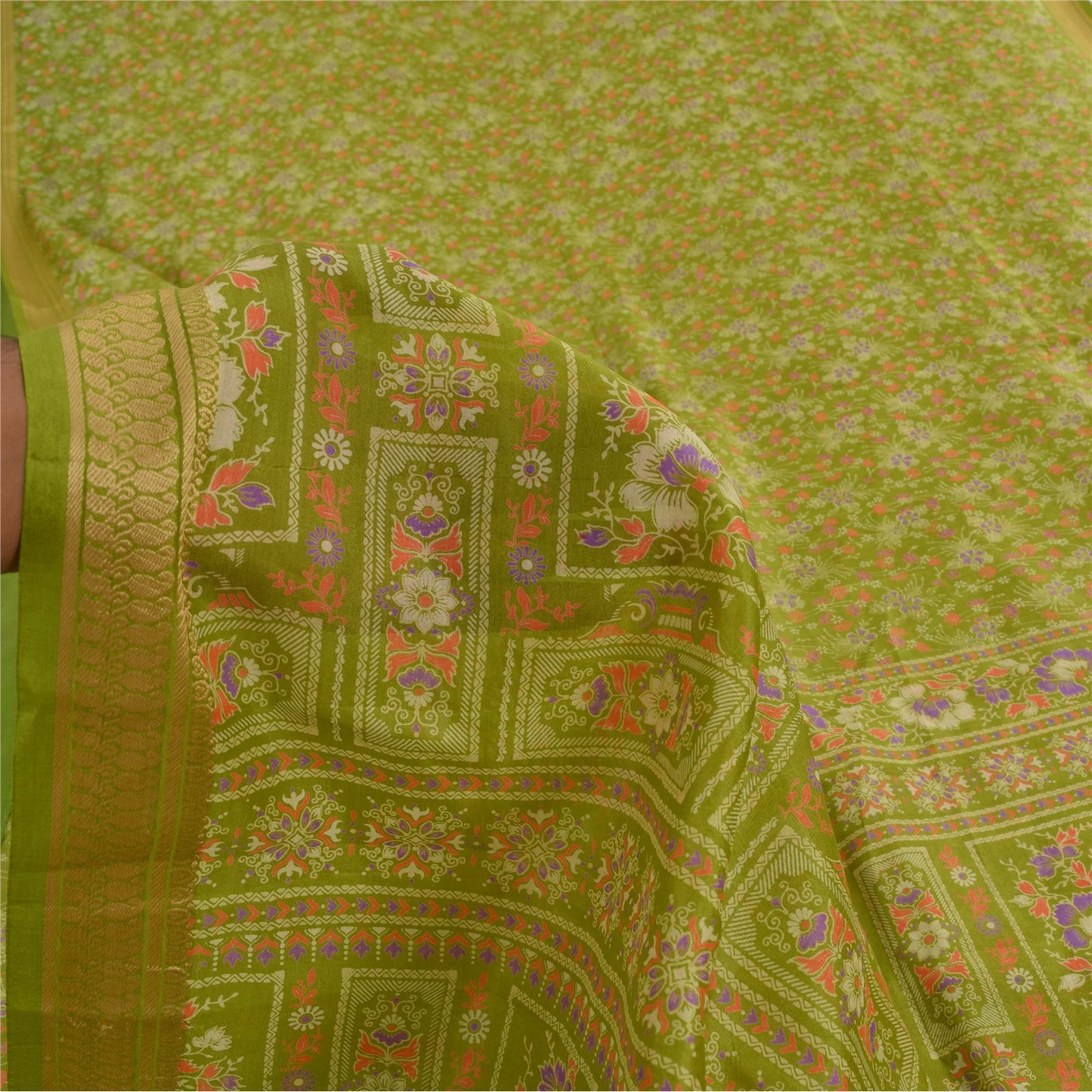 Sanskriti Vintage Sarees Green Pure Silk Floral Printed Sari 5yd Craft Fabric