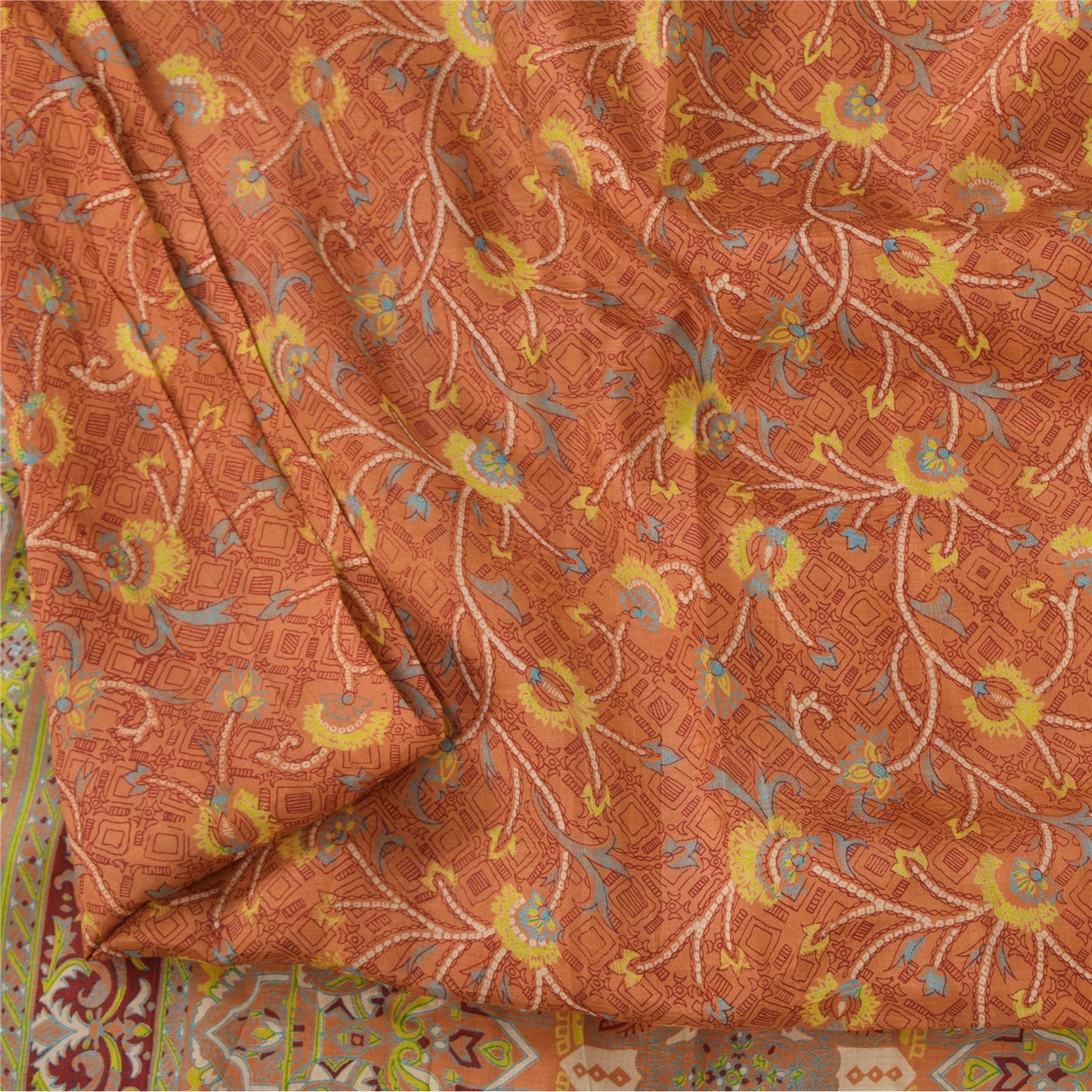 Sanskriti Vintage Sarees Indian Peach Pure Silk Printed Sari 5yd Craft Fabric