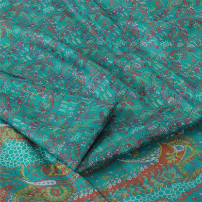 Sanskriti Vintage Sarees Aquamarine Blue Pure Silk Printed Sari 5yd Craft Fabric