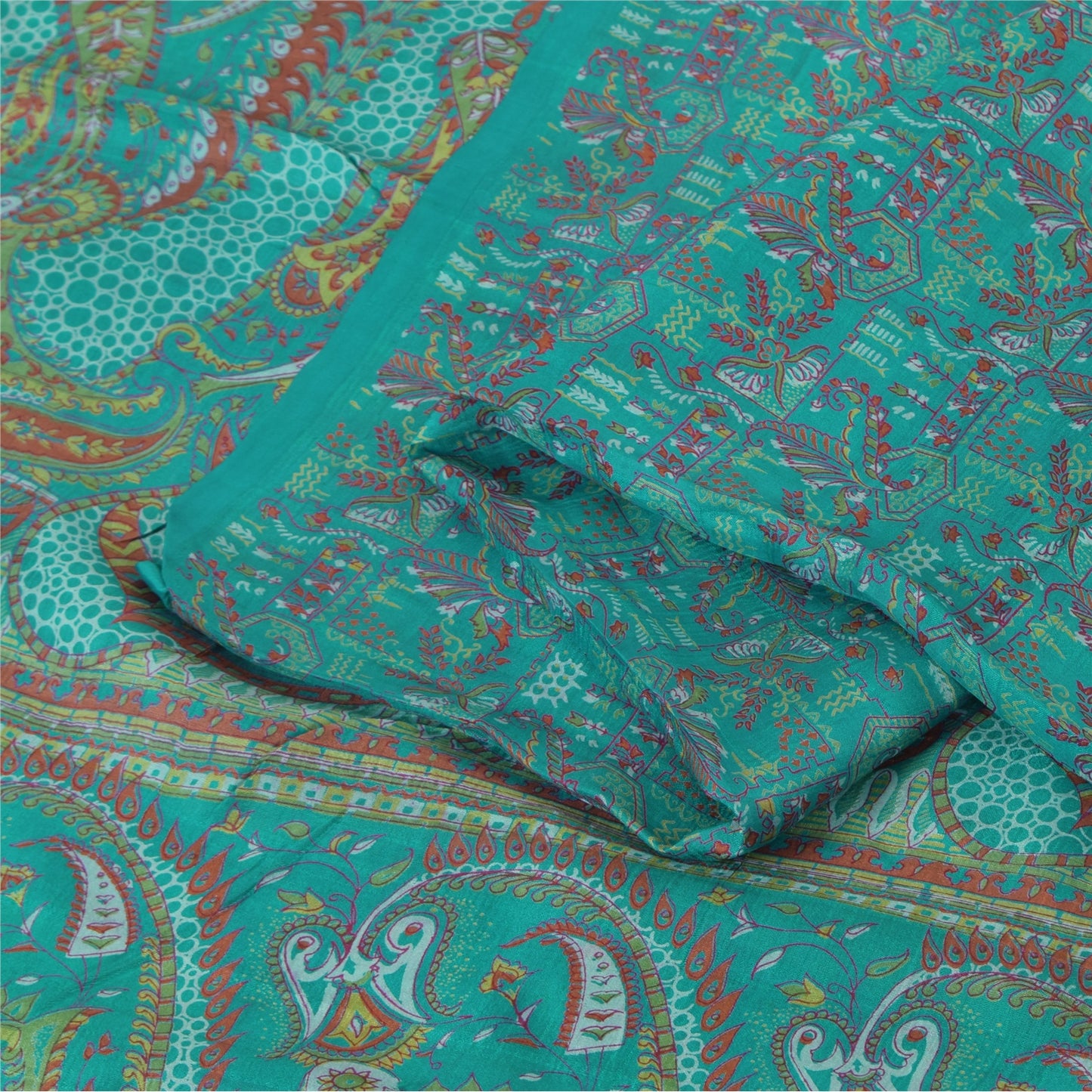 Sanskriti Vintage Sarees Aquamarine Blue Pure Silk Printed Sari 5yd Craft Fabric