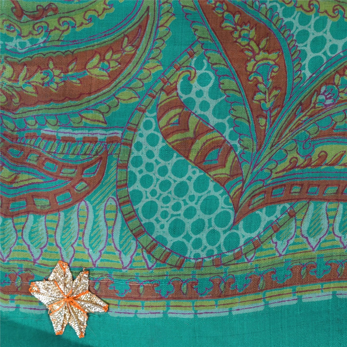 Sanskriti Vintage Sarees Aquamarine Blue Pure Silk Printed Sari 5yd Craft Fabric