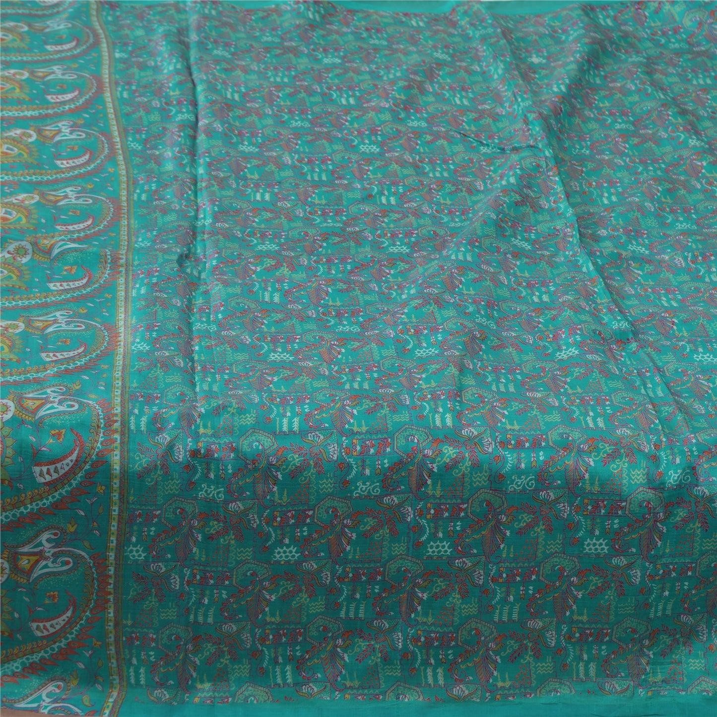 Sanskriti Vintage Sarees Aquamarine Blue Pure Silk Printed Sari 5yd Craft Fabric