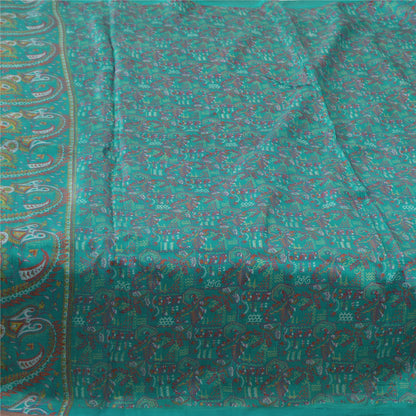 Sanskriti Vintage Sarees Aquamarine Blue Pure Silk Printed Sari 5yd Craft Fabric