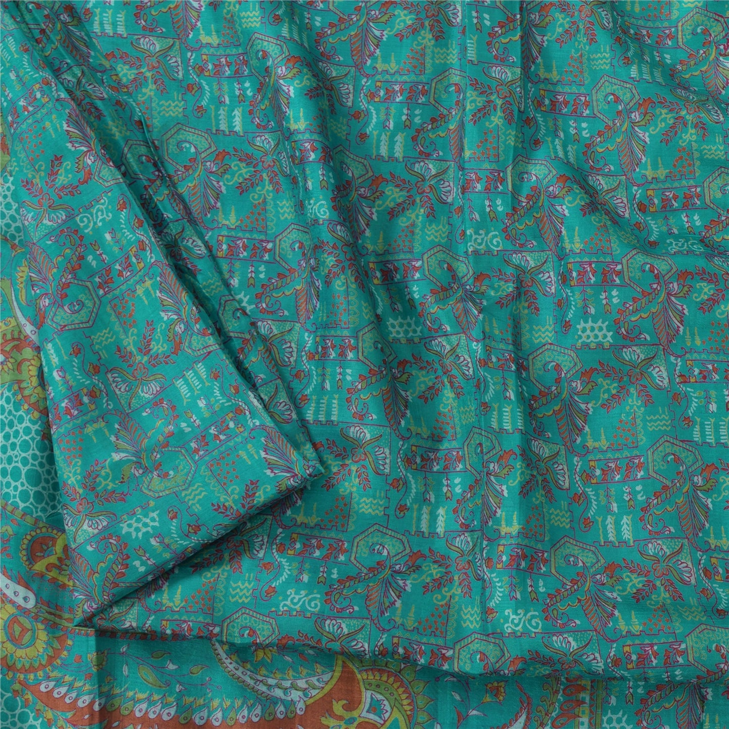 Sanskriti Vintage Sarees Aquamarine Blue Pure Silk Printed Sari 5yd Craft Fabric