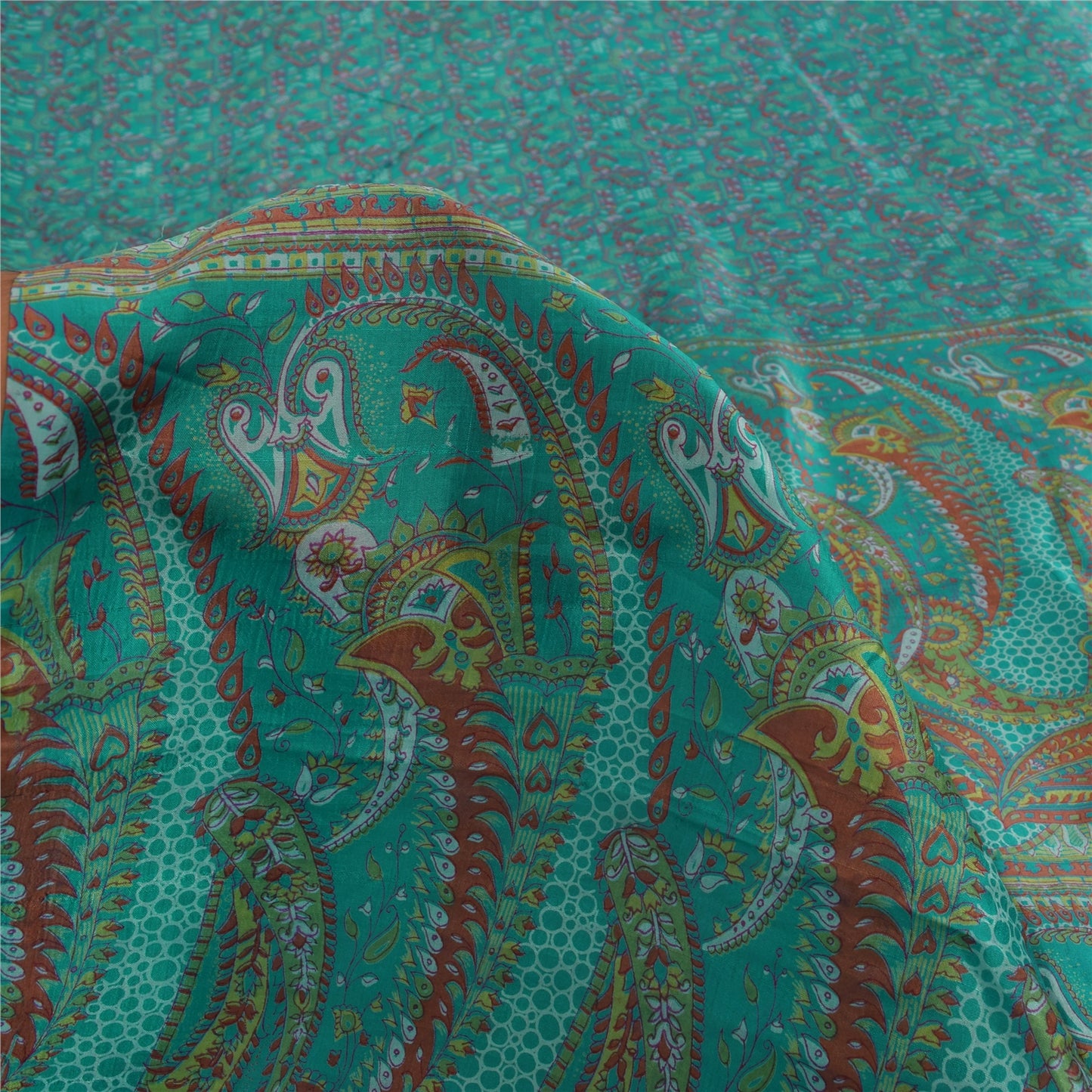 Sanskriti Vintage Sarees Aquamarine Blue Pure Silk Printed Sari 5yd Craft Fabric