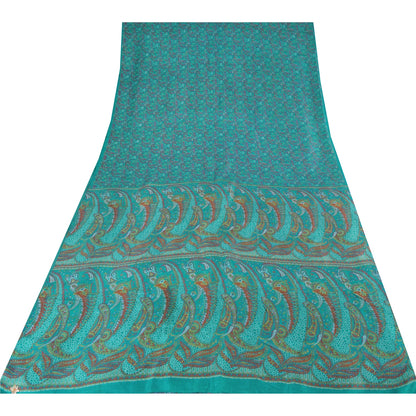 Sanskriti Vintage Sarees Aquamarine Blue Pure Silk Printed Sari 5yd Craft Fabric