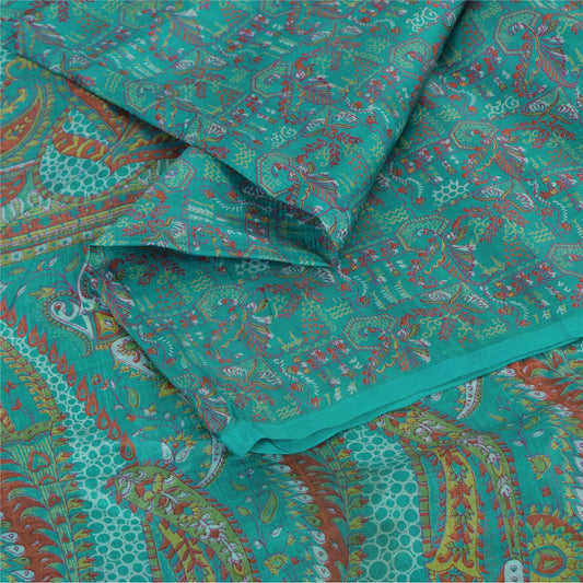 Sanskriti Vintage Sarees Aquamarine Blue Pure Silk Printed Sari 5yd Craft Fabric