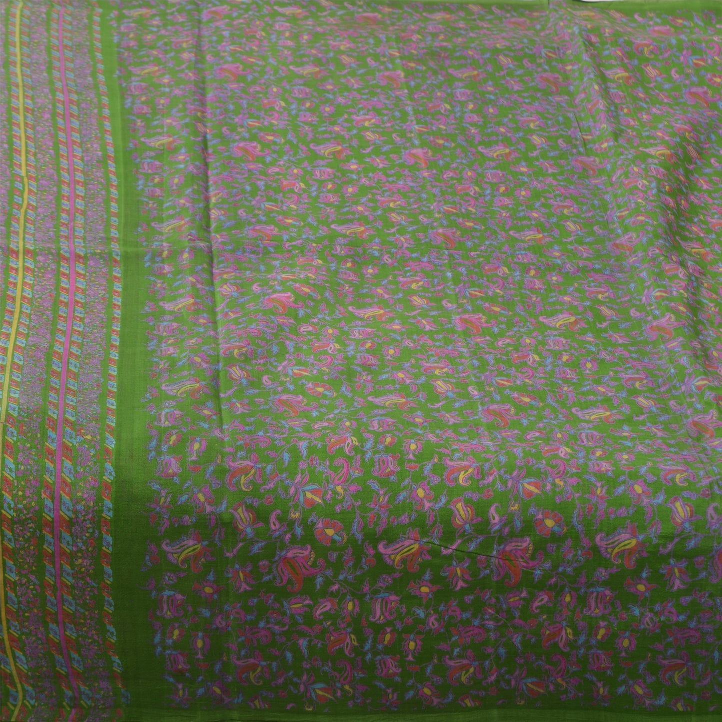 Sanskriti Vintage Sarees Green Indian Pure Silk Printed Sari 5yd Craft Fabric