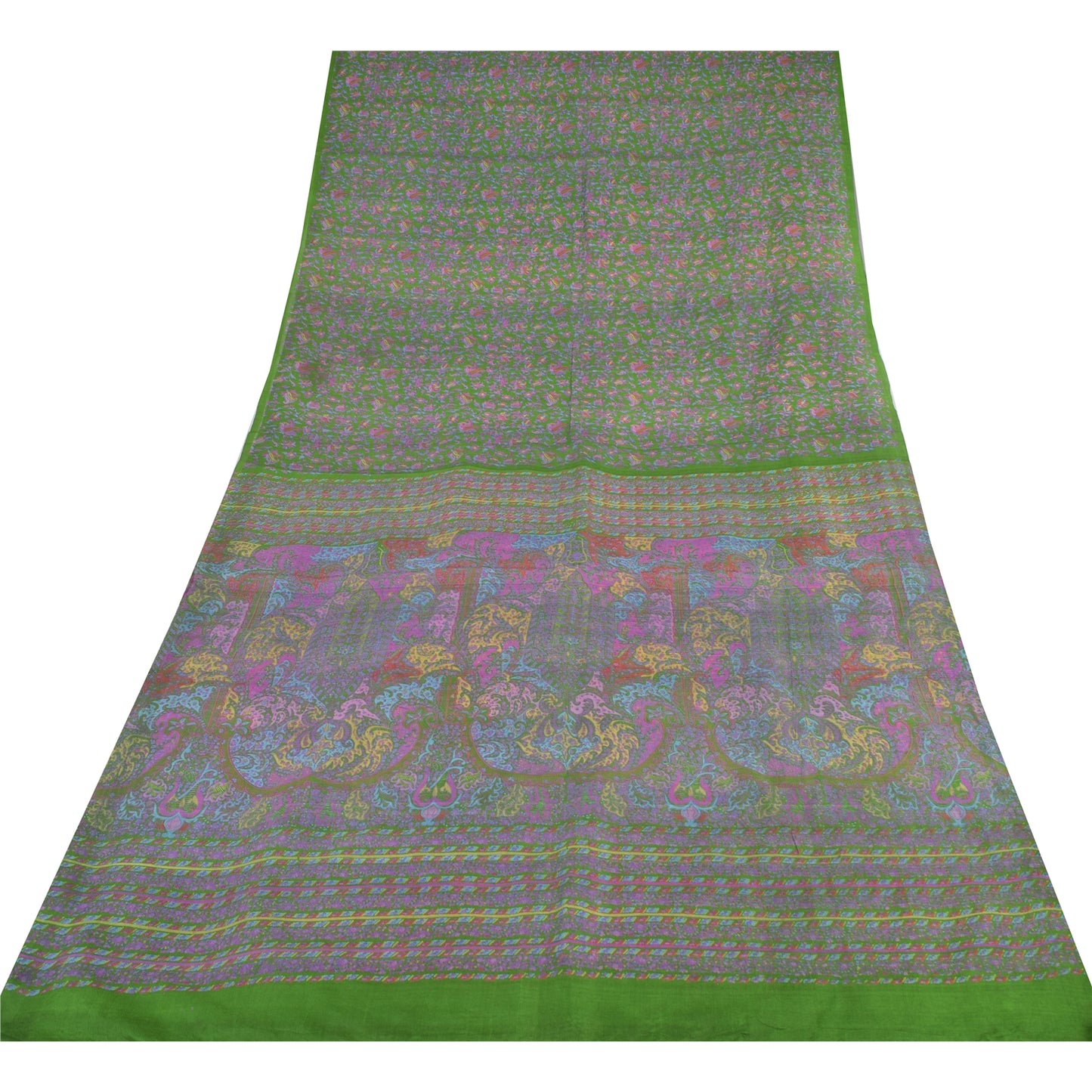 Sanskriti Vintage Sarees Green Indian Pure Silk Printed Sari 5yd Craft Fabric